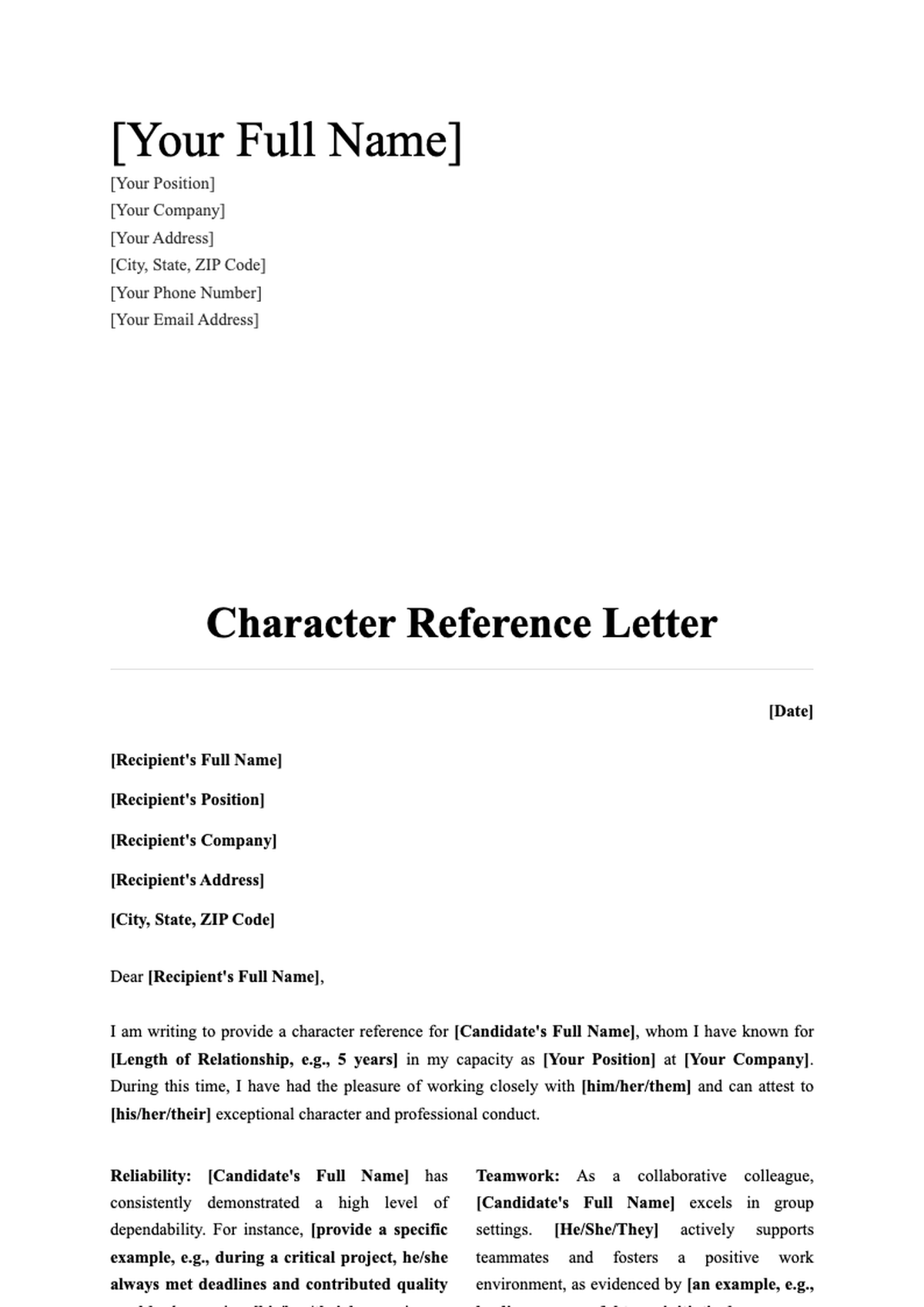 Character reference letter template for job application with placeholder fields and modern design_variant_1